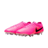 A pair of bright pink Nike soccer cleats with a black swoosh and iridescent studs, set against a white background.