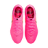 Top-down view of a pair of neon pink Nike Tiempo Maestro soccer cleats with matching pink laces and small black Nike swooshes.