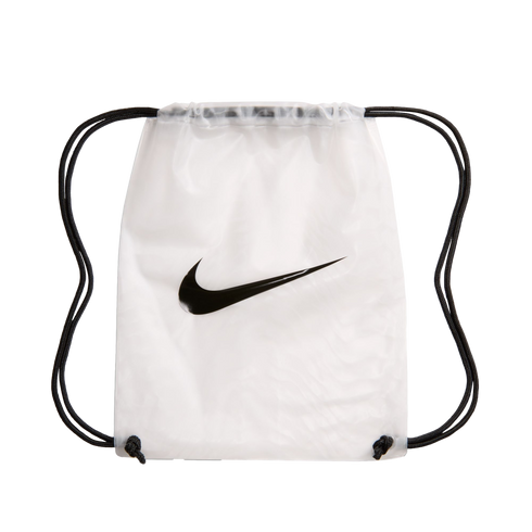 A translucent white drawstring bag with a large black Nike swoosh logo and black drawstrings.