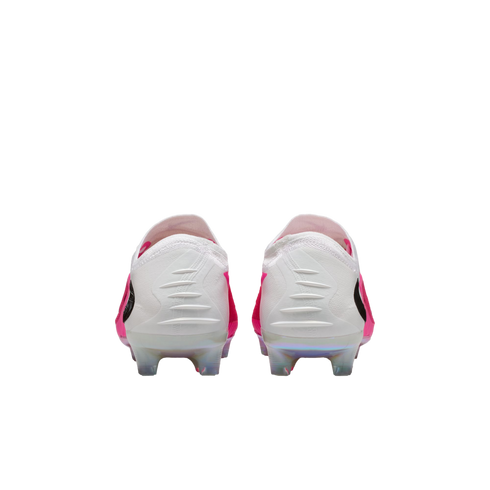 A rear view of a pair of white Nike soccer cleats with vibrant pink side panels and iridescent soleplates.