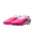 A pair of Nike Phantom Luna II soccer cleats in bright pink and white with black swooshes and clear studs against a white background.