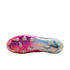 Soleplate of a Nike soccer cleat featuring a vibrant, iridescent gradient from magenta to light blue. Includes clear cleats and a black swoosh logo on the heel.