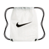 A translucent white Nike drawstring bag with a black swoosh logo and black cords.
