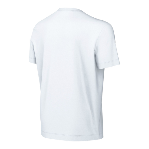 A rear view of a plain white short-sleeved t-shirt with a ribbed crew neck, shown on a solid black background.