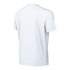A rear view of a plain white short-sleeved t-shirt with a ribbed crew neck, shown on a solid black background.