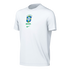 A white short-sleeve t-shirt featuring the Brazil national football team crest, the word "BRASIL," and a green Nike swoosh centered on the chest, shown against a solid black background.