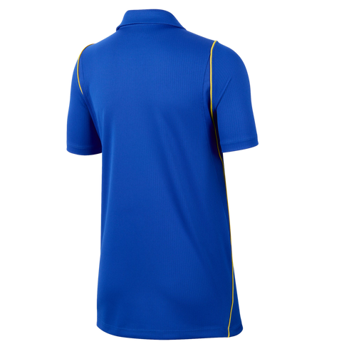 Rear view of a vibrant blue short-sleeved polo shirt featuring thin yellow piping along the side seams.