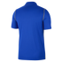 Back view of a blue short-sleeved polo shirt featuring thin yellow piping along the shoulder and side seams.