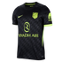 Black Atlético de Madrid football jersey with a tonal triangular pattern and neon green Nike swoosh, team crest, and Riyadh Air sponsor logo.
