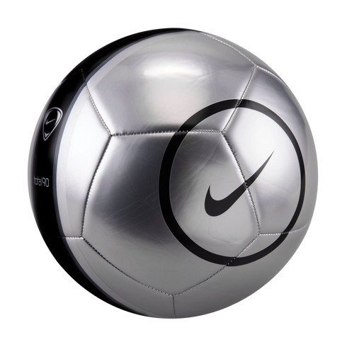 Metallic silver Nike Total 90 soccer ball with black accents and a large swoosh logo inside a circle, set against a solid black background.