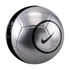 Metallic silver Nike Total 90 soccer ball with black accents and a large swoosh logo inside a circle, set against a solid black background.