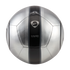A silver Nike Total 90 soccer ball with vertical black and grey stripes, centered on a black background.