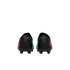 Rear view of black soccer cleats with orange and teal side accents against a solid black background.