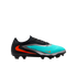 Side view of a Nike soccer cleat with a black, silver, and turquoise upper and orange swoosh accents, isolated on a black background.