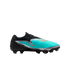 Side profile of a Nike Phantom Flyknit soccer cleat in black, teal, and silver with orange accents, displayed against a solid black background.