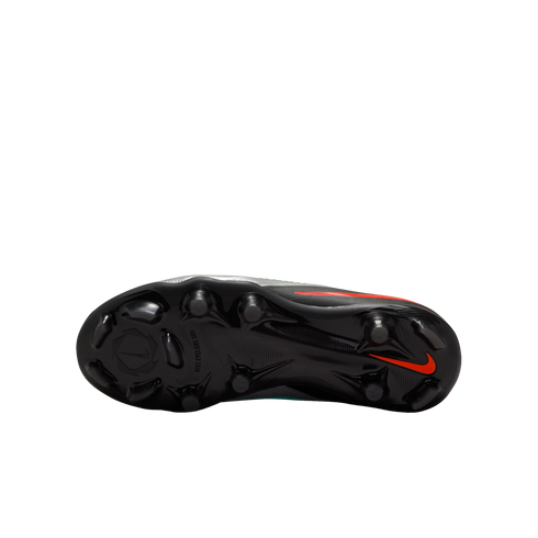 The bottom view of a black Nike soccer cleat showing the soleplate with a red swoosh and "NIKE CYCLONE 360" branding.
