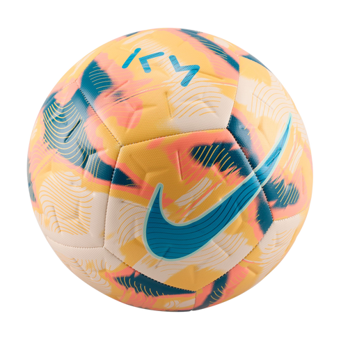 A vibrant Nike soccer ball featuring a yellow, orange, and teal abstract pattern, a teal swoosh, and the "KM" logo, isolated on a black background.