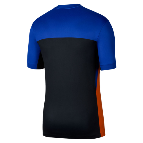 Back view of a blue and black short-sleeved sports jersey with an orange side panel on a black background.