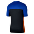Back view of a blue and black short-sleeved sports jersey with an orange side panel on a black background.