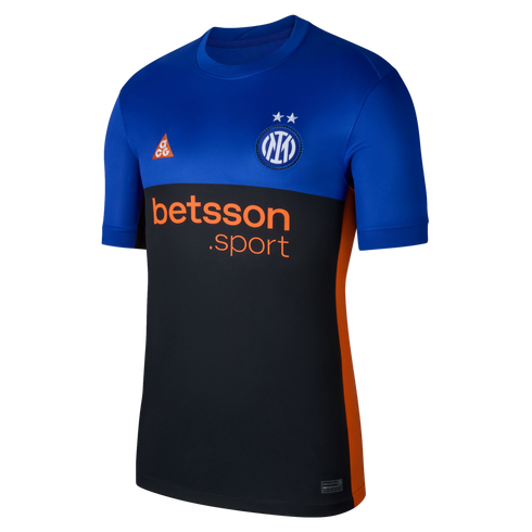 Inter Milan training jersey in blue and black with orange accents, club crest, ACG logo, and "betsson .sport" text.