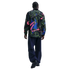Rear view of a person with cornrows walking away, wearing a neon-patterned black shirt, navy trousers, and chunky black sneakers against a black background.