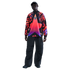 A person models a vibrant USA long-sleeve jersey with a large star design and baggy black pants against a black background.