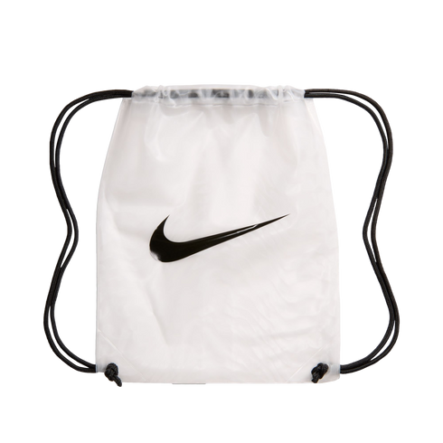 A white translucent Nike drawstring bag featuring a large black swoosh logo in the center and black rope straps.