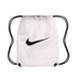 A white translucent Nike drawstring bag featuring a large black swoosh logo in the center and black rope straps.