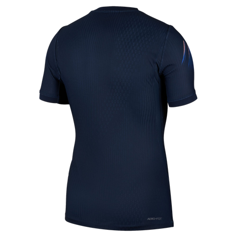 Back view of a navy blue short-sleeved athletic shirt with ribbed texture, a colorful graphic on the right sleeve, and "AERO-FIT" text on the bottom right.