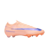 Peach Nike soccer cleat with a large purple swoosh and "AIR ZOOM" text on the heel, shown in a side profile against a black background.