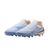 A pair of light blue and pale pink Nike soccer cleats with purple accents, shown at an angle against a black background.