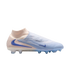 A side view of a Nike Phantom soccer cleat in pale pink and light blue with a sock-like collar and blue swooshes, set against a black background.