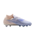 Nike Phantom soccer cleat in pale pink and light blue on a black background. It features a laceless design, high-top sock collar, and firm ground studs.