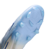 The underside of a light blue Nike soccer cleat showing the "NIKE CYCLONE 360" soleplate and stud pattern against a black background.
