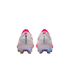 Rear view of Nike Mercurial Superfly soccer cleats featuring a white textured upper, pink accents, and iridescent heel plates. The heels show vertical 'MERCURIAL' and 'SUPERFLY' text.