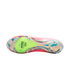 Bottom view of a Nike soccer cleat featuring a holographic iridescent soleplate and a bright lime green Air Zoom unit. The shoe's upper is pink.