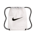 Translucent white Nike drawstring bag featuring a black swoosh logo on the front and black rope straps.
