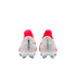 Rear view of white and bright pink Nike Mercurial Superfly soccer cleats showing the heel branding and light blue studs against a white background.