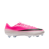 Pink and white Nike Mercurial soccer cleat with a black swoosh and clear studs.