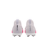 Rear view of white and pink Nike Mercurial Superfly soccer cleats with "MERCURIAL" and "SUPERFLY" text on the heels.