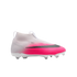 White and pink Nike soccer cleat with a laceless design and high-top ankle collar. Features a large black swoosh on the side.