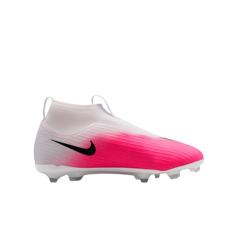 White and pink Nike laceless soccer cleat with a black swoosh and high-top collar, shown from the side against a white background.