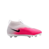 White and pink Nike laceless soccer cleat with a black swoosh and high-top collar, shown from the side against a white background.