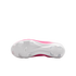 A bottom-up view of a pink and white soccer cleat, featuring its white soleplate and various studs.