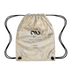 A beige drawstring bag with a metallic silver animal print pattern. The front features a black "NU" graphic with a Nike swoosh, the words "NIKE UNITED," and smaller text referencing "PHANTOM," Deyna Castellanos, and Sophia Wilson.