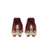 A rear view of a pair of maroon soccer cleats with a red, black, and cream graphic pattern on the heels. The boots feature a stylized logo on the back and red studs on a cream-colored sole, all set against a solid black background.