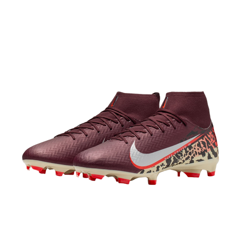 A pair of burgundy high-top Nike soccer cleats featuring a textured upper, a white swoosh with a red outline, and a bold leopard print pattern on the heel. The shoes have a cream-colored outsole with vibrant red studs, set against a solid black background