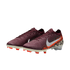A pair of Nike Mercurial soccer cleats featuring a dark maroon knit upper that transitions into an orange and black leopard print pattern at the heel. A large white Nike swoosh is prominent on the side, and the cream-colored soleplate has bright orange st