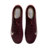 A top-down view of a pair of burgundy Nike Mercurial soccer cleats with silver Nike swooshes and orange accents, set against a black background.