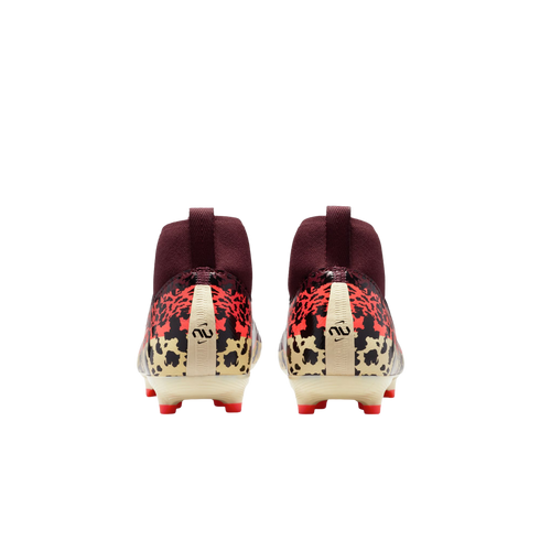 A rear view of a pair of high-top Nike soccer cleats against a black background. The cleats feature a vibrant leopard print in tan, black, and orange across the heel, topped with a deep maroon sock-like ankle collar. A cream-colored vertical strip on each